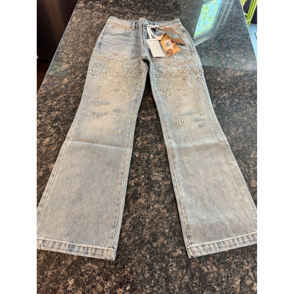 Birth of Royal Child Fireworks Wash Denim Blue‎ Beaded Pearl Jeans XS NEW